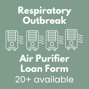 Light blue square with white graphic of air purifiers, links to loan form 