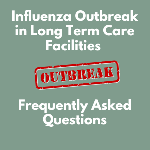 Light blue square with white letters that say influenza outbreak frequently asked questions