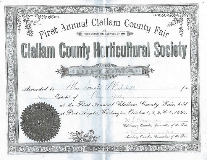 First Annual 1895 Clallam County Fair Diploma, Awarded to Mrs. Sarah Mitchell for her Exhibit of Plu